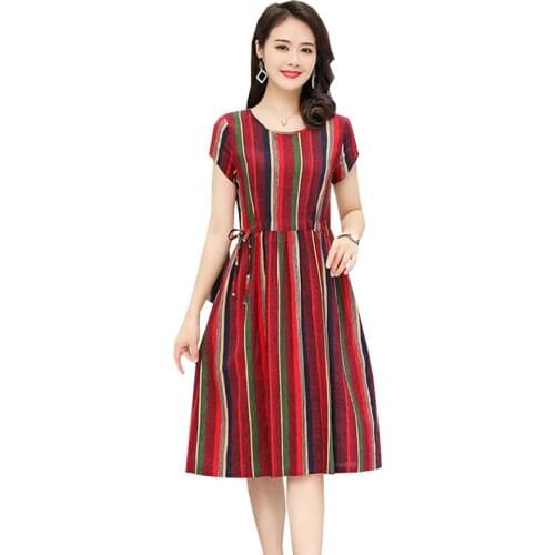 Mom Summer Womens Dress 2021 New Middle-Aged Short-Sleeved Cotton Silk Lady Dress Plus Size 5XL Pocket Sundress Female Dresses