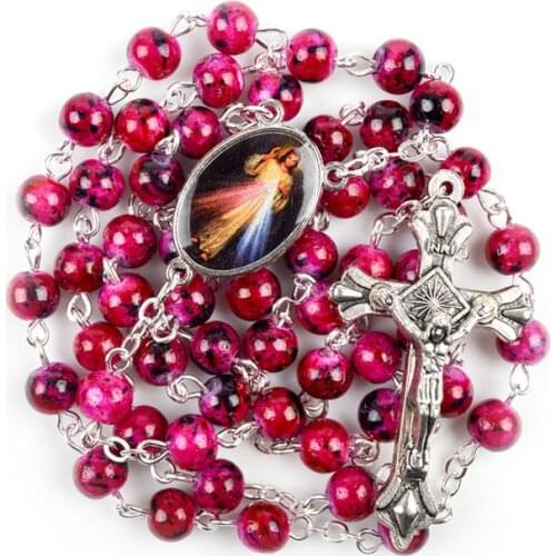 4 Colors Glass Rosary Beads Cross Pendant Necklace Virgin Mary Jesus Cross Christian Catholic Jewelry Accessories Gift Fashion