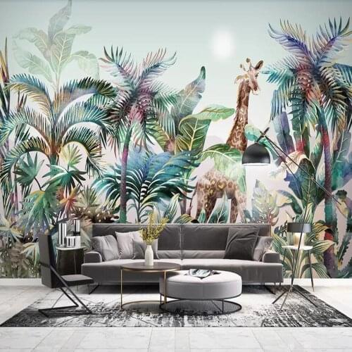Custom 3D wallpaper mural hand painted tropical plant forest watercolor giraffe light luxury background wall decoration painting