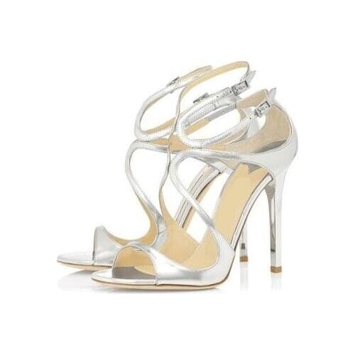 Gullick Metallic Leather Strappy Sandal High Peep Toe Cross Strap High Heel Dress Shoes Woman Cut-out Gladiator Sandal Boots