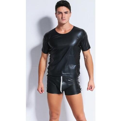 Sexy Faux Leather Short Sleeve Lace up Men Tops Hip Hop T Shirts Sexy Tight Casual Tees Men Clubwear Nightclub Erotic Lingeries