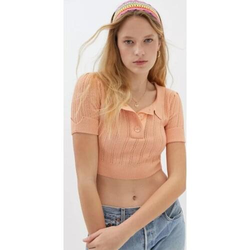 2021 New Women Short Knitted Crop Top Western Style Hollow-out Slimming POLO Shirt Orange T-shirt Spring ans Summer Fashion Tops