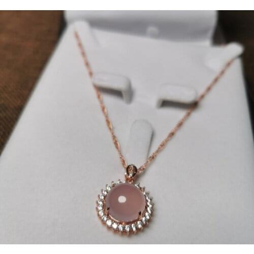 Retro Round Natural Pink Jade Pendants Necklaces Women Female Rose Gold 925 Sterling Silver Chain Necklace Party Fine Jewelry
