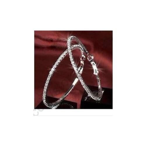 Free Fast Shipping 50MM Full Austrian Crystal Stone 925 Sterling Silver Coated Hoop Circle Earrings For Women
