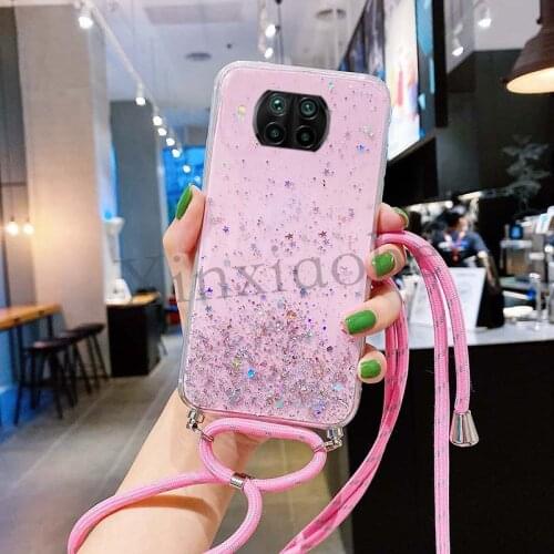 Phone case For XIAOMI MI 10T Lite 5G Style Lanyard Bling Glitter Soft Tpu Transparent Cover