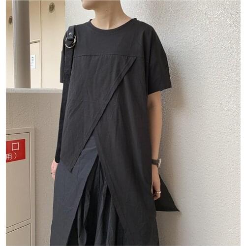 Summer womens new round collar solid color cross irregular single side long pendulum design short sleeve T-shirt loose fashion