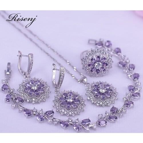 Risenj Silver 925 Jewelry Set For Women ins pop Daisy Square Jewelry Purple Zircon & Crystal Earrings Ring Necklace Bracelet Set