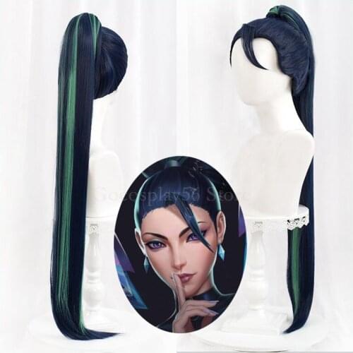 NEW KDA Kaisa Wig Ponytail LoL Cosplay Black Blue Mixed Green Synthetic Hair 100cm Long Straight Wig Kaisa Cosplay