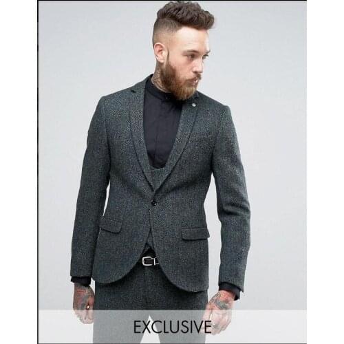 Latest Coat Pant Design Grey Tweed Men Suit Slim Fit Skinny 3 Piece Tuxedo Custom Gentle Blazer Groom Prom Suits Terno Masculino