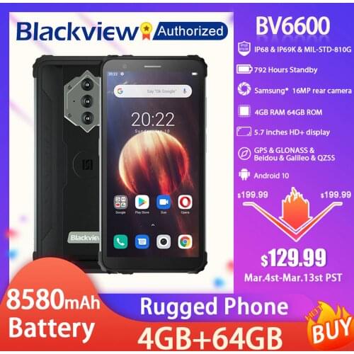 Blackview BV6600 IP68 Waterproof Rugged Smartphone 5.7'' Screen Android 10 Octa Core 4GB RAM 64GB ROM Mobile NFC 8580mAh