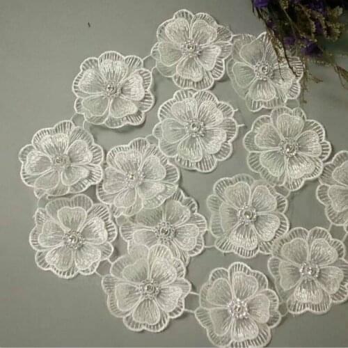 10x White Pearl Flower Handmade Beaded Embroidered Lace Trim Ribbon Double Layered Applique Dress DIY Sewing Craft