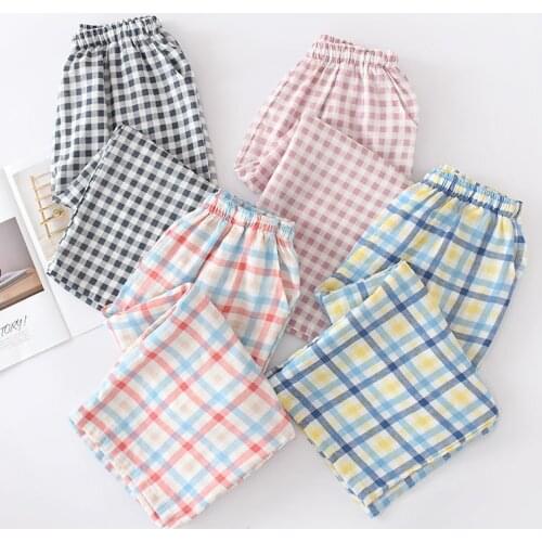 Japanese Check Cropped Pants Pajama Pants Summer Womens Pure Cotton Gauze Thin Casual Wide Leg Pants Pantalones De Mujer