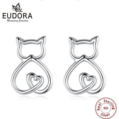 EUDORA real 925 Sterling Silver Cute kitty cat ear Stud Animal earring for Women Silver Hollow out stud earrings with box gift