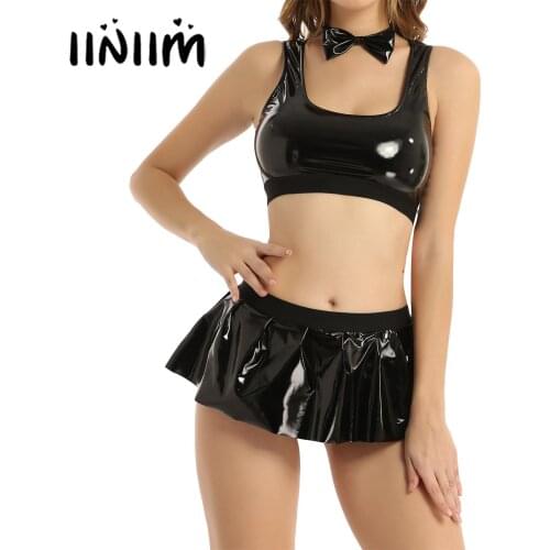 Women Shiny Leather Lingerie Sets Cosplay Outfit Fashion Streetwear Cropped Tank Top Elastic Waistband Mini Skirt with Bow Tie