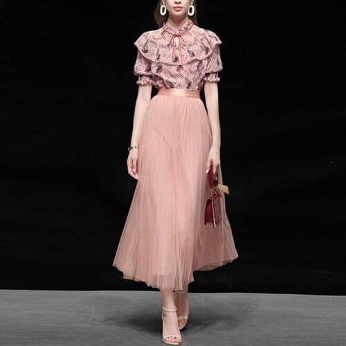 2020 Summer Fashion Two Piece Set Top and Skirt Chiffion Blouse and Pink Mesh Skirt 2 Piece Set Women