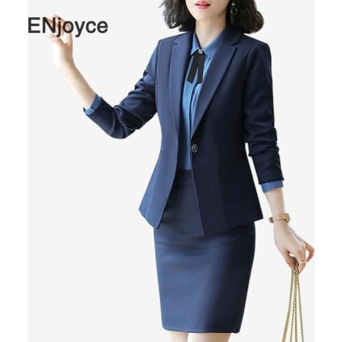 Womens Office Lady Two Pieces Sets Solid Blue Elegant Long Sleeve Blazers and Skirts for Business Interview Suits Plus Size 5XL