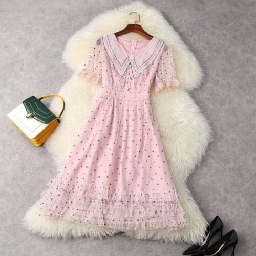 Princess Womens Dress 2021 Summer Women Turn-down Collar Polka Dot Patterns Beading Button Short Sleeve A-Line Sexy Mesh Dress