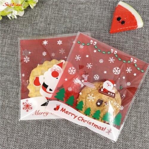 100Pcs/lot Santa Claus Cute Cartoon Gifts Bags Christmas Cookie Packaging Self-adhesive Plastic Bags For Biscuits Candy 5Z-HH206