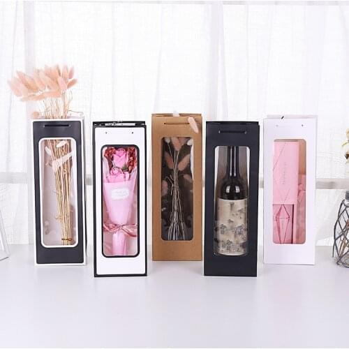 12pcs single red wine bottle packaging boxes with open window kraft paper storage bag with handle wedding party wine packing box