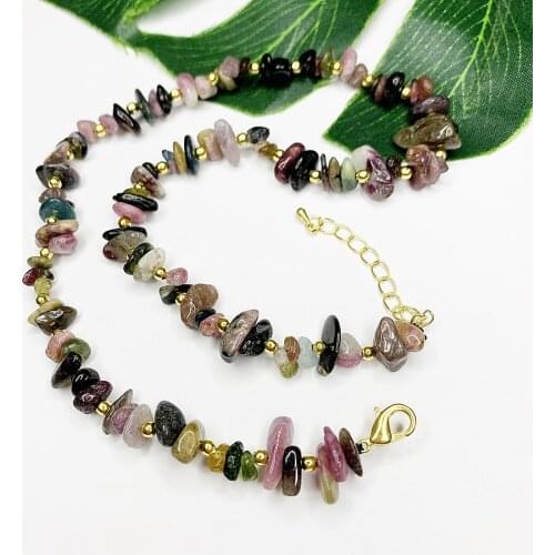 24 Stone Chips Beads Strand Necklace Coral Peridot Fluorite Tourmaline Agat Crystal Amethysts Shell Short Chain Clavicle Choker