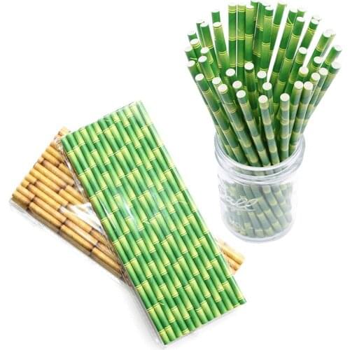 25pcs/bag Green Brown Bamboo Pattern Paper Straws Birthday Party Drinking Straw Disposable Party Tableware Home Kitchen Supplies