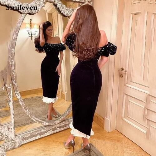 Smileven Sexy Blace Cocktail Dress Off The Shoulder Velvet Prom Gowns Tea Length Beaded Sexy Monther Evening Party Gowns