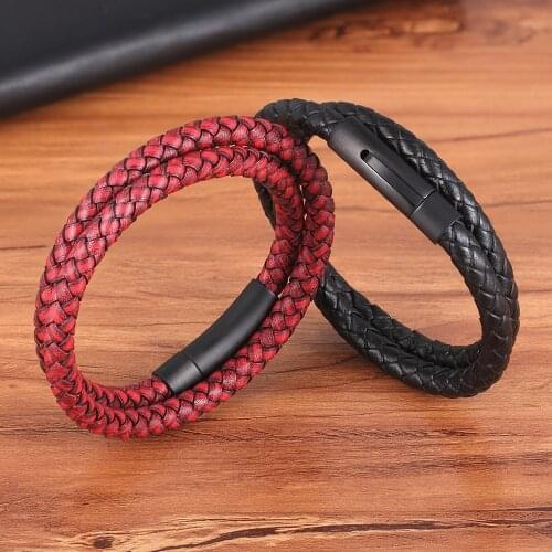 Perfect Design Double Layer Vintage Steel Buckle Geometric Braid 6mm Genuine Leather Bracelet Men Women Fashion Birthday Gift
