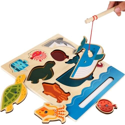 Kids Wooden Magnetic Fishing Montessori Toys Kawaii Marine Biology Puzzle Educational Toys For Children Magnets Fishing Board