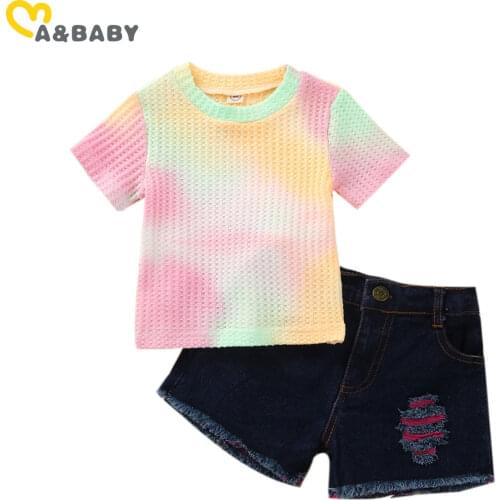 Ma&Baby Summer Child Kid Girls Clothes Set Tie Dye Knitted T shirt Tops Denim Shorts Jeans Outfits Children Costumes
