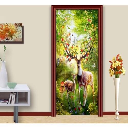 DIY Door Sticker PVC Waterproof Self-adhesive Wall Sticker Forest Elk 3D Wallpaper Poster Living Room Door Decor Mural 3D Decals