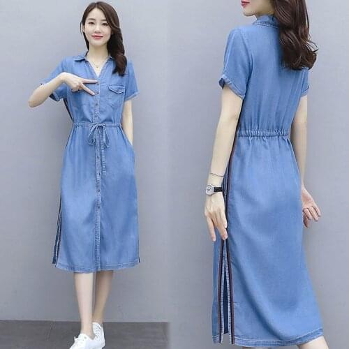 Denim Dress With Pocket2021 Summer New Womens Short-sleeved Slim Long Dress Buttons Female Casual Split Dresses Vestidos Mujer
