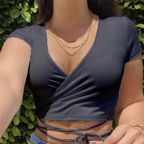 Summer Solid V Neck T Shirts Women Short Sleeve Short Tops Crop Tops Ladies Casual Tops Tees Female Shirts White Pink Optional