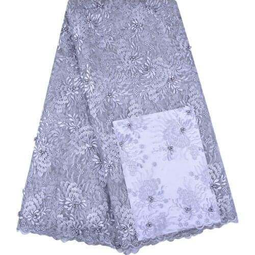 Hot Sale Bridal French Lace Fabric Beaded African Tulle Lace Fabric With Stones 5 Yards Per Lot Net Lace Fabric For Dress 1203