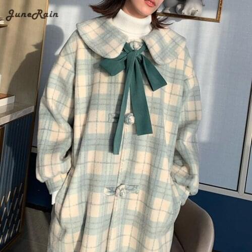 JuneRain Plaid Women Bow Single Breasted Japanese Woolen Coats Chic Trendy Kawaii Harajuku Jackets Students Female Clothing