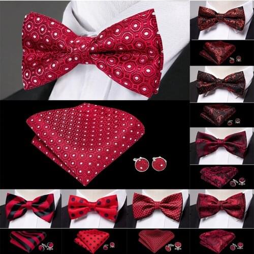Red Pre-Bowties For Men Silk Butterfly Lattice Hanky Cufflinks Set Collar Removable Necktie For Xmas Wedding Party Shirt Bow