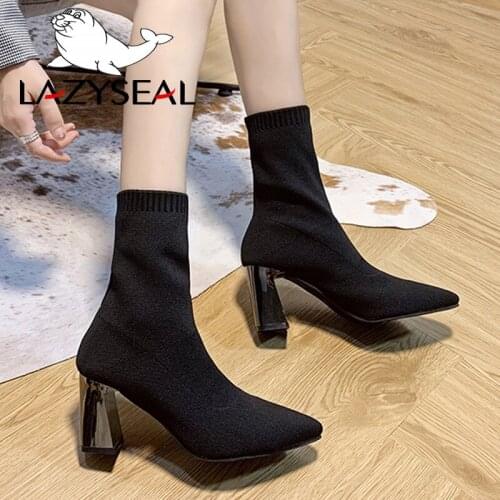 LazySeal Knitting Fabric Sock Boots Women Shoes High Hoof Heels Slip-on Pointed Toe Shoes Ankle Boots For Women Lasies Footwear