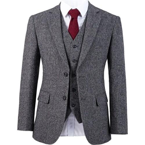 Retro gentleman style Grey Barleycorn Tweed tailored wedding suits for men custom made Wool Slim Fit blazer mens 3 piece suit