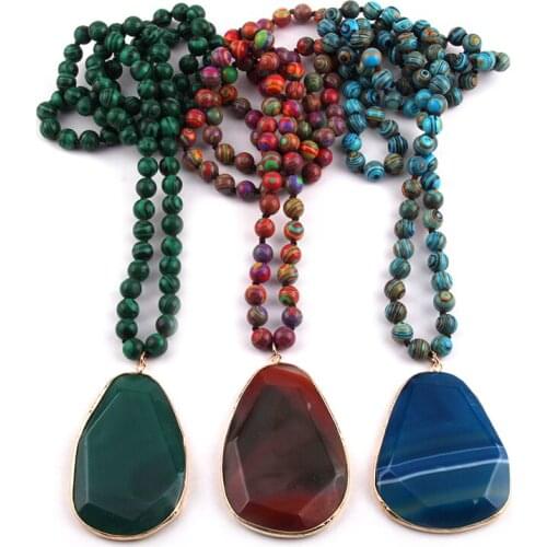 New Fashion Bohemian Tribal Jewelry Natural Stone Knotted Necklaces Facet Drop Pendant Women Ethnic Necklace