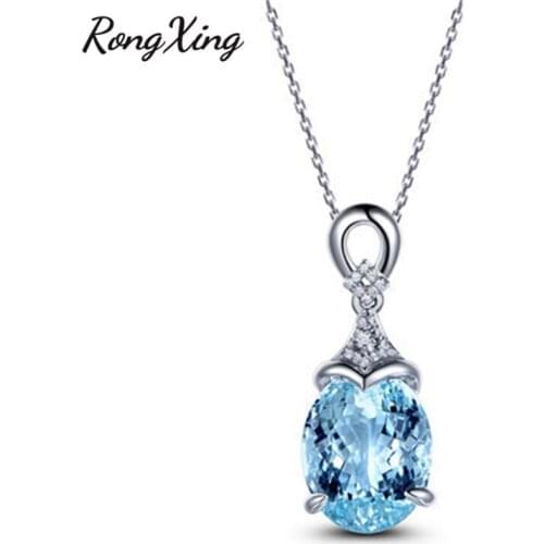 RongXing Elegant Sky Blue AAA Zircon Oval Pendants & Necklaces For Women New Silver Color Birthstone Choker Gifts