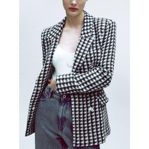 Fashion Double Breasted Plaid Tweed Blazers and Jackets Work Office Lady Autumn Women Suit Slim Business Female Blazer Coat