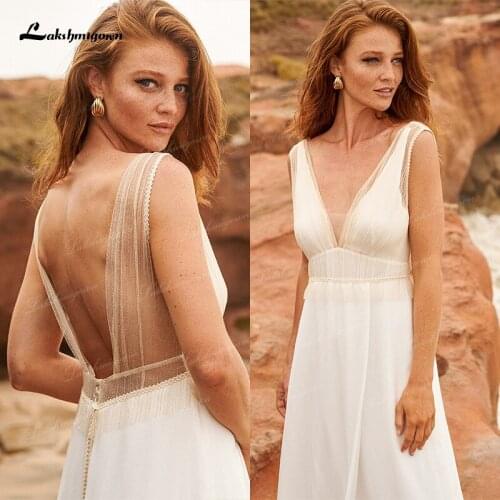Simple Illusion Back Beach A Line Wedding Dresses Sexy V Neck Chiffon Wedding Gown robe de mariee Sleeveless Custom Made