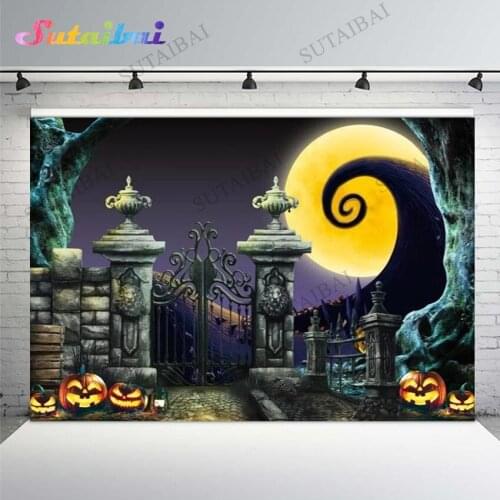 Happy Halloween Party Backdrop Moon Night Castle Gate Stone Pumpkin Lantern Child Trick Horrible Background Photobooth Photocall