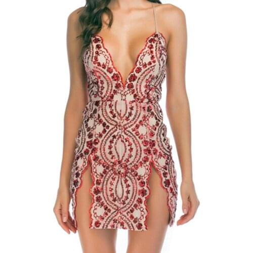 Sexy Strap Backless Mini Dress Women Deep V Neck Sleeveless Sequin Dress Side Split Elegant Bodycon Night Party Dresses Vestidos