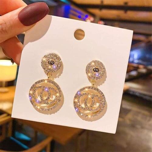 Korean Luxury Rhinestone Round Pendant Earrings Fashion Double C Pearl Earrings 2021 Suitable For Female Girls Jewelry Gifts