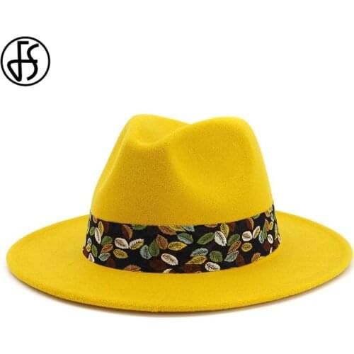 FS Men Women Wool Felt Jazz Fedora Hat Flat Brim Panama Style Gentleman Europe Formal Hat Yellow Floppy Trilby Party Caps
