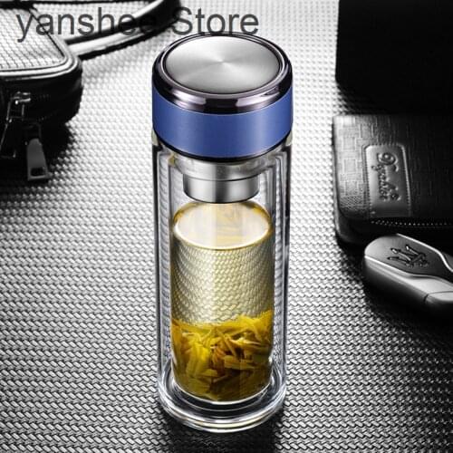 Double wall glass water bottle, filter tea set, tea set, separating cup, travel beverage, 300ml