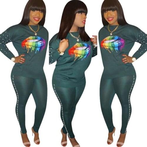 Rainbow lip print slim 2 piece set women o-neck full sleeve top and skinny pants two piece set autumn casual suit SH1237
