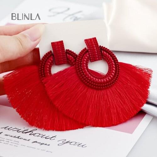 BLINLA Vintage Bohemian Tassel Big Drop Earrings for Women 2019 Fashion Jewelry Red Silk Fabric Fringe Dangle Earrings Statement