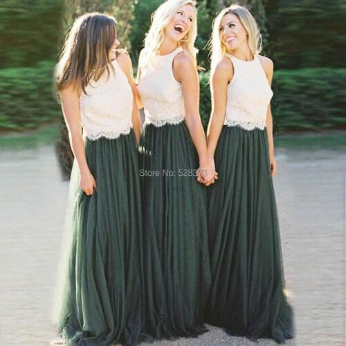 YNQNFS BD27 Elegant A-line 2 Colors Ivory Lace Top Emerald Green Tulle Skirt Bridesmaid Dresses Long