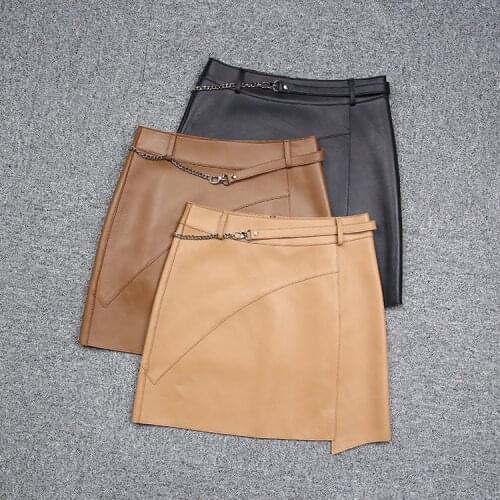 New Designer Womens Chain A-line Skirts High Quality Genuine leather Skirt C898